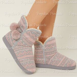 3/$30 Knit Pom Pom Bootie Slippers, Pink & Gray